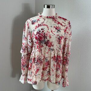 Sundance Womens Large Sheer Floral Peplum Top Ruffle Detail Long Sleeve Blouse